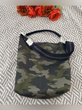 Rothy’s Camo Canvas Crossbody Bag with Navy Strap